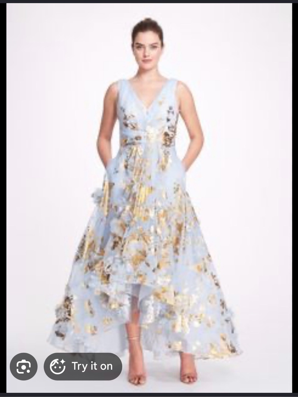 Marchesa Notte Powder Blue High-Low Tulle Gown with Gold Floral Foil. New w/Tags